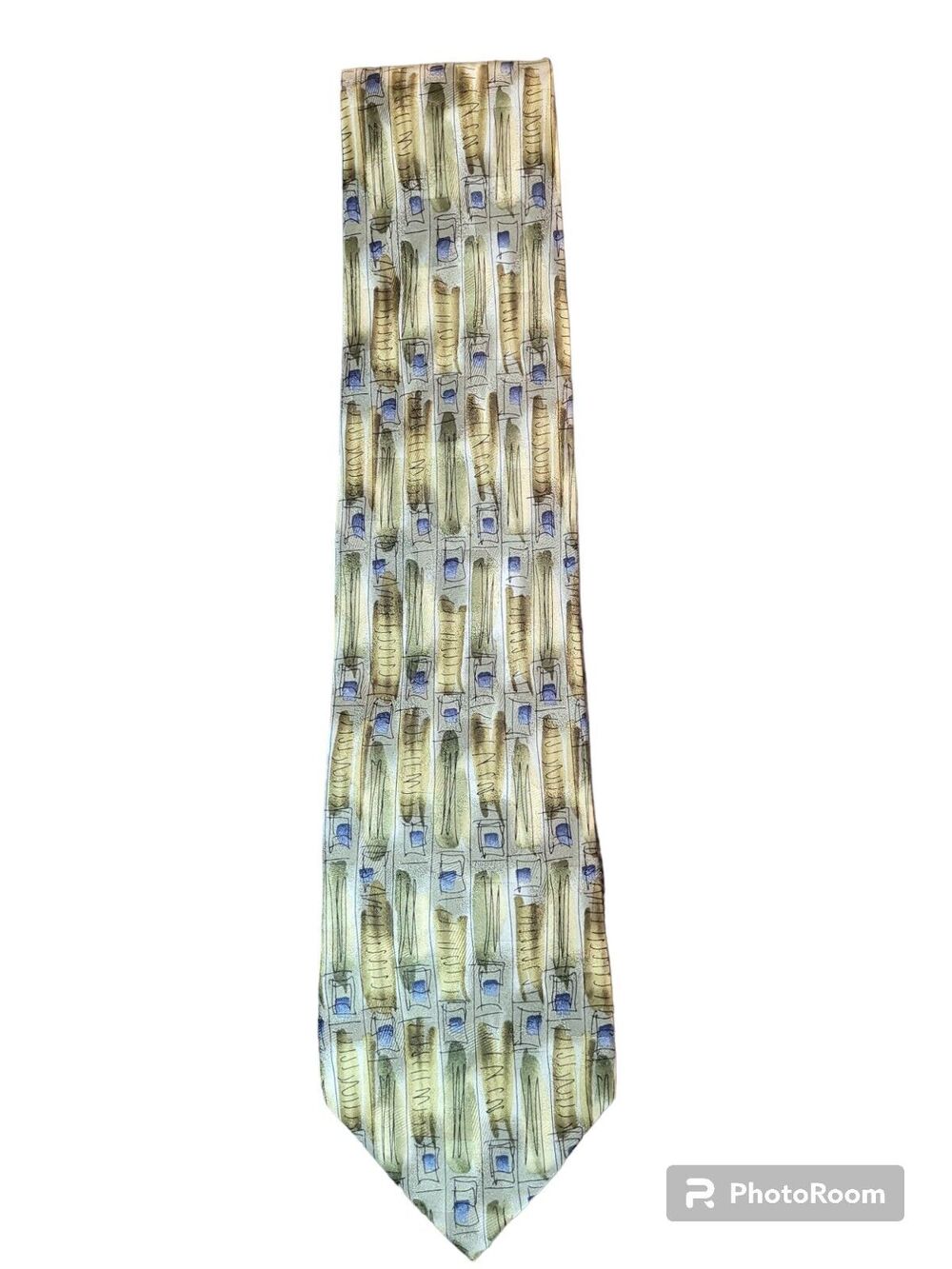 J. Garcia Silk Tie Surprise Package Beige Gold Blue Geo Handmade 58x4